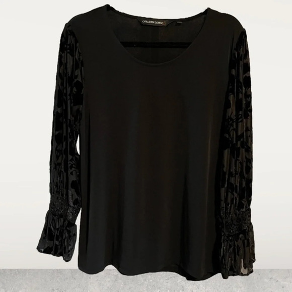Colleen Lopez black top, see-thru ballon sleeves w/ velvet, Sizes large & small - Picture 1 of 7